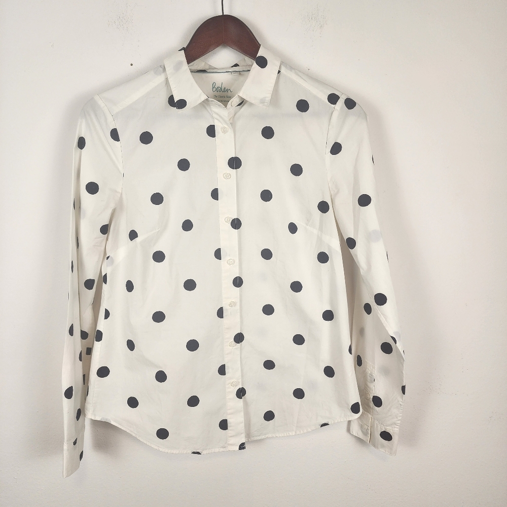 Boden Classic Polka Dot Long Sleeve Button Down Shirt White Blue Women's Size 10